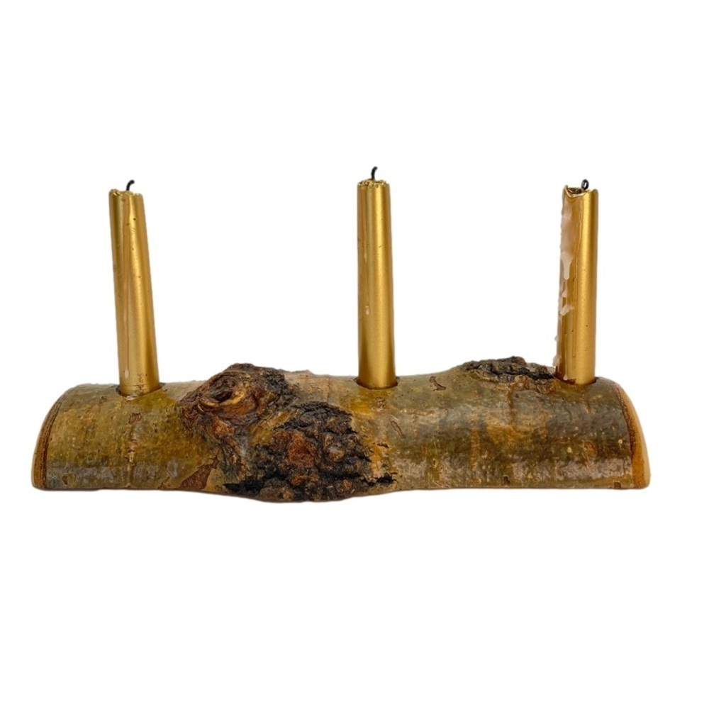 Log Candle Holder Handmade Holds Three Candles